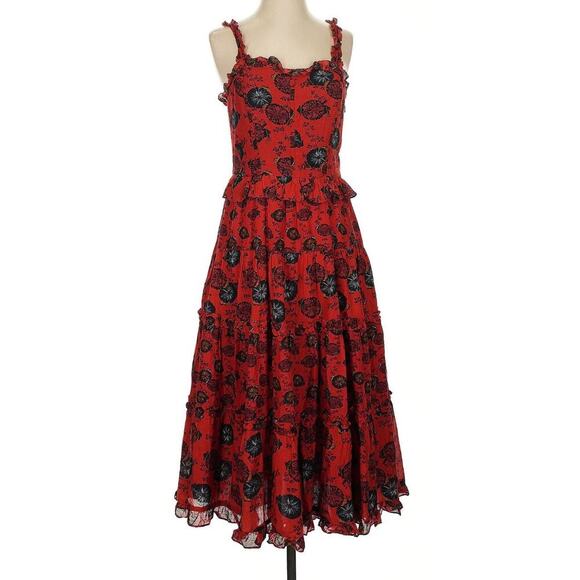 ULLA JOHNSON Midi Sun Dress Poppy Floral Ruffle Pockets Cotton 4 Square Neck Red - Picture 4 of 8